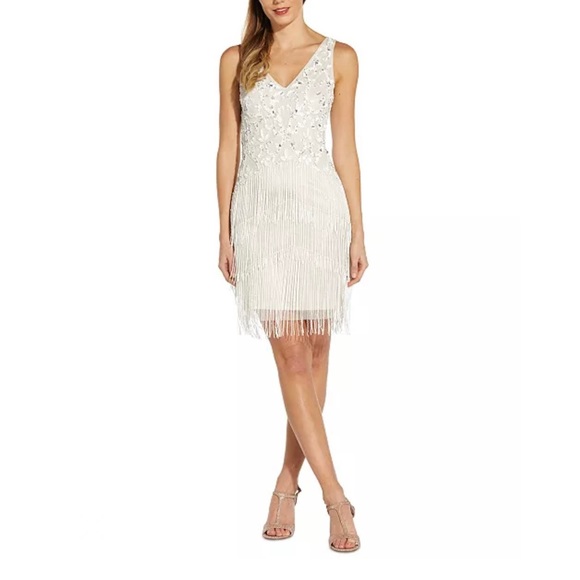 white christmas dresses All Over Beaded Fringe Short Sheath In Ivory